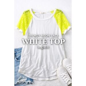 a.gain White Top Neon Yellow Lace Sleeves Size Medium Trendy